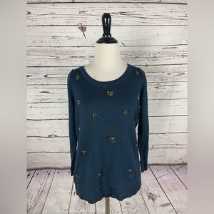 Loft Blue Navy Embellished Sweater Crew Neck Size Medium Acrylic Business Casual